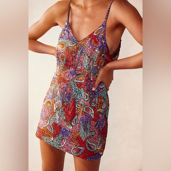 Free People Dresses & Skirts - Free People Multicolor Sequin Paisley Slip Dress